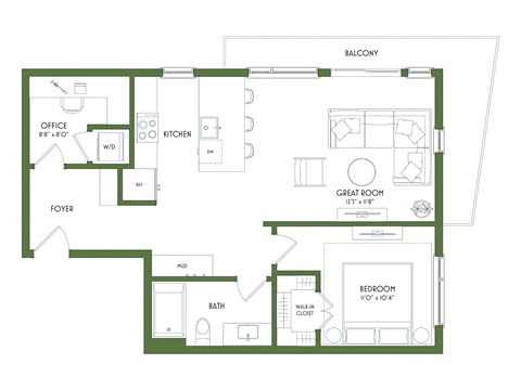Floor plan for 1 bed, 1 bath, 816 sqft